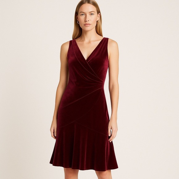 Vintage Lauren Ralph Lauren Velvet Faux Wrap Dress Sleeveless Burgundy Size 10 - Picture 1 of 4